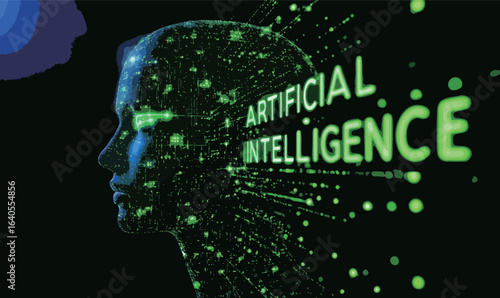 A green head with a green background that says Artificial Intelligence. The head is surrounded by a green glow that looks like a computer