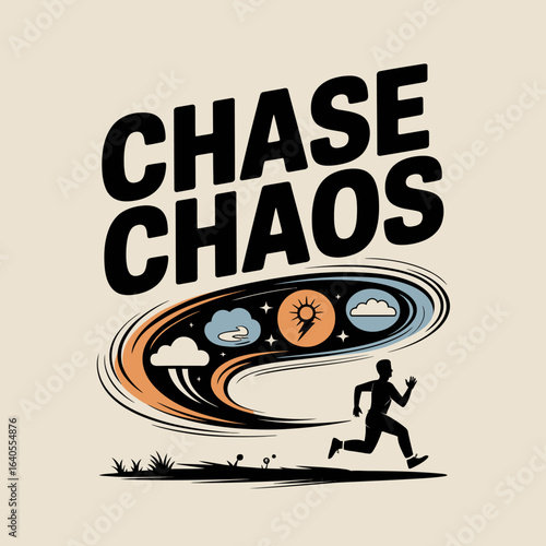 Embrace the chase of chaos with a runner silhouetted against a swirling vortex of clouds and cosmic elements representing overcoming challenges and pursuing dreams