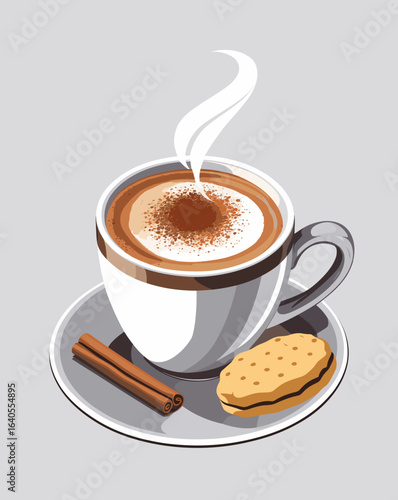 Hot cappuccino with cinnamon stick and biscuit on plate  