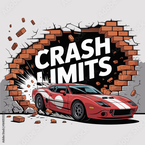 Dynamic illustration of a red sports car smashing through a brick wall with the words crash limits emblazoned on the debris symbolizing speed and destruction