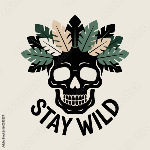 Tribal skull with feathers and stay wild slogan bohemian inspired illustration symbolizing freedom and adventure perfect for t shirts and graphic design