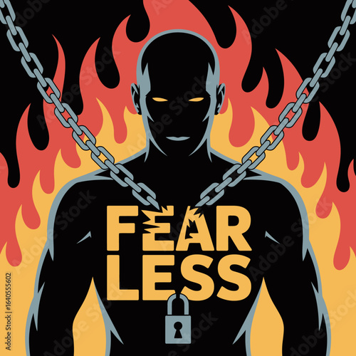 Silhouette of a powerful figure breaking free from chains against a backdrop of flames symbolizing courage freedom and overcoming fear with the word fearless emblazoned on the chest