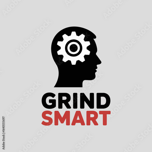 Silhouette of a human head with a gear inside representing the mind and the words grind smart below in bold text symbolizing hard work and intelligence