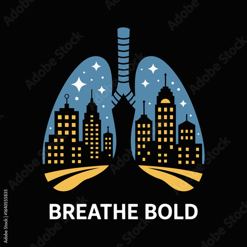 Creative illustration of human lungs filled with a vibrant city skyline at night under a starry sky symbolizing urban life and breathing freedom