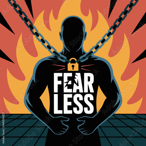 Silhouette of a person breaking free from chains and fear with a lock symbol on their chest and flames in the background representing overcoming challenges and achieving freedom