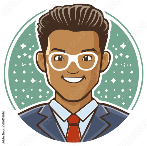 Friendly smiling man in glasses and suit with bright background detail