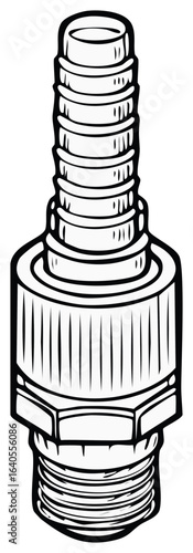 Illustration of a hose barb fitting with male threads and a knurled nut