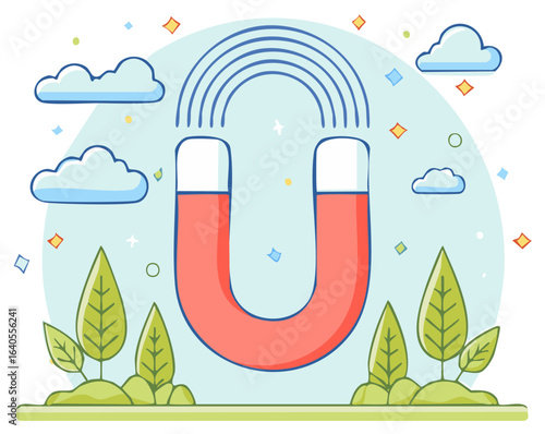 Vector illustration of a cartoon magnet attracting good things, success, and opportunity