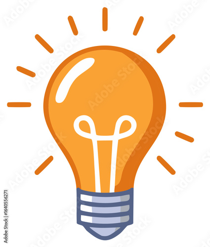 Cartoon style lightbulb icon with glowing light rays, creativity, innovation, and ideas concept.