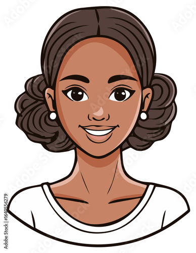 Headshot of a Smiling African Descent Woman with Curled Hairstyle Wearing Stud Earrings and a Plain White T-Shirt