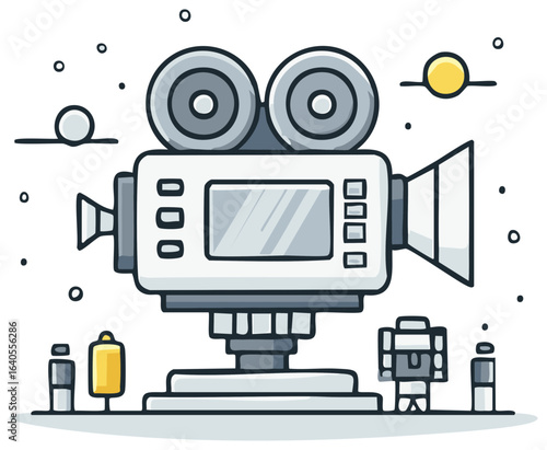 Stylized drawing of a classic film camera with small figures near it, simple cartoon illustration style for creative projects