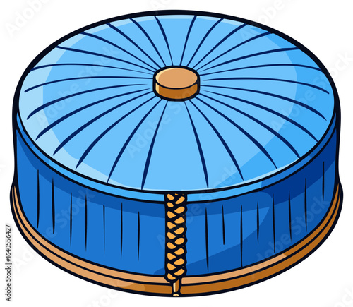 Cartoon style blue ottoman with tufted top and rope detail isolated on white