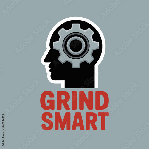 Symbolic illustration of a silhouette of a human head with a gear inside representing the mind signifying intelligence strategy and smart thinking with the text grind smart below