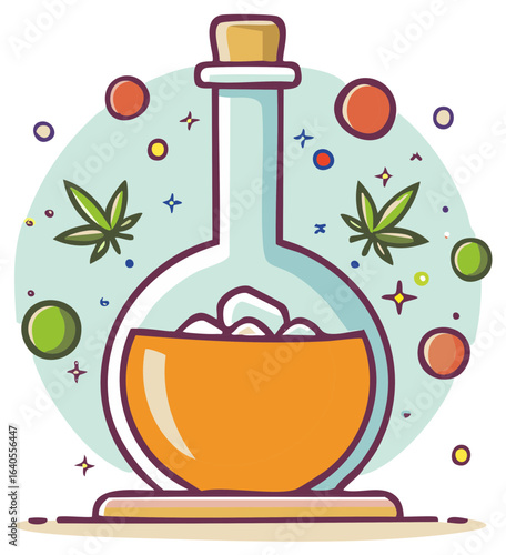 Glass flask with orange liquid and cannabis leaves around it
