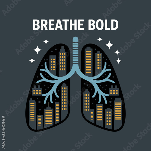 Creative illustration of human lungs filled with a vibrant cityscape at night symbolizing healthy breathing and urban life with the text breathe bold