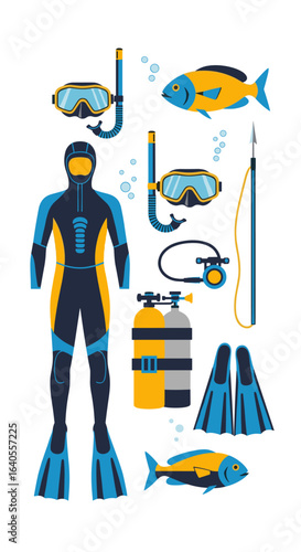 Scuba Diving Equipment and Aquatic Life Illustration for Underwater Exploration Adventures