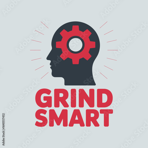 Silhouette of a human head with a red gear inside representing the brain symbolizing intelligence innovation and smart thinking with the text grind smart below