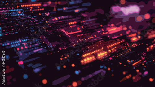 The image is a computer screen with a lot of bright colors and dots. The colors are a mix of blue, orange, and yellow, creating a vibrant and energetic atmosphere