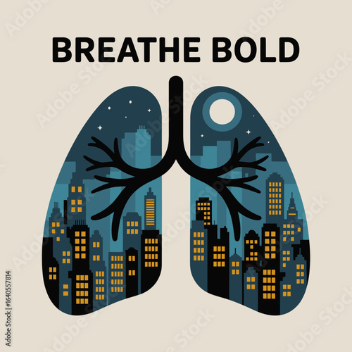 Conceptual illustration of human lungs filled with a vibrant nighttime cityscape under a starry sky with the words breathe bold symbolizing life and urban living