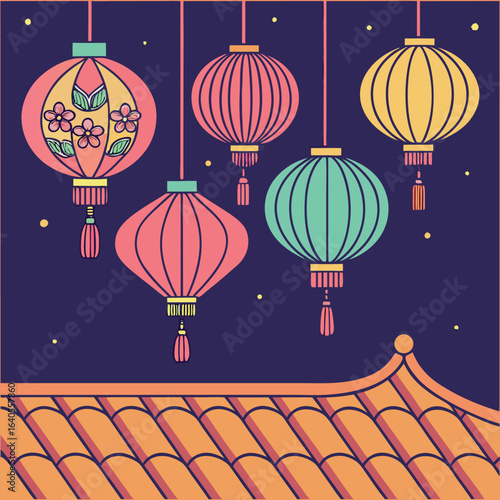 Five colorful stylized lanterns hang above orange Chinese rooftop tiles against a purple background