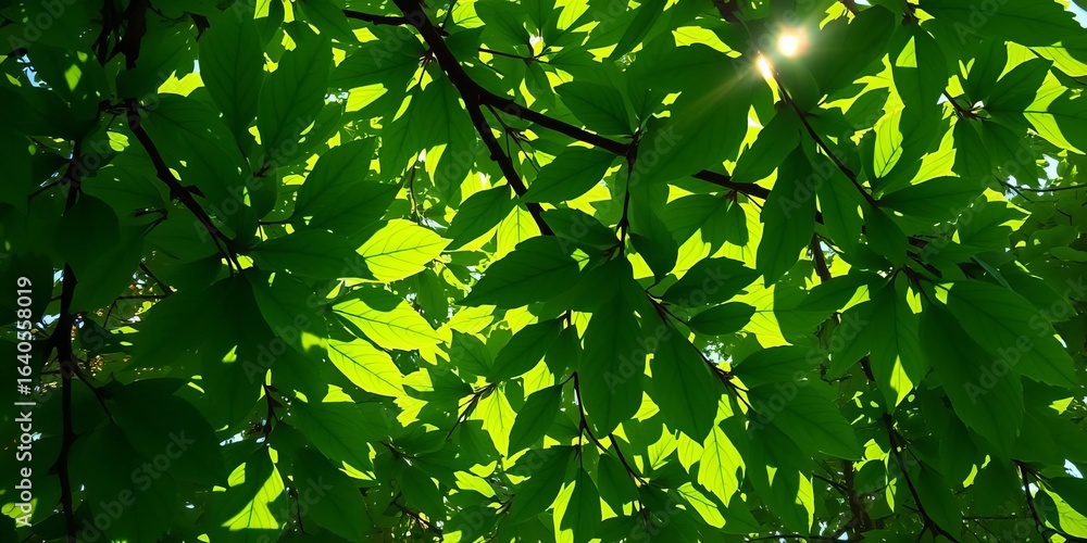 Large, vibrant green leaves glowing under dappled sunlight, rainforest, philodendron Large, vibrant green leaves glowing under dappled sunlight, rainforest, philodendron