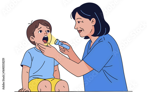 Caring Doctor Examining a Childs Throat with a Flashlight.
