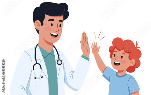 Smiling doctor and redhaired child highfiving in a friendly medical interaction.