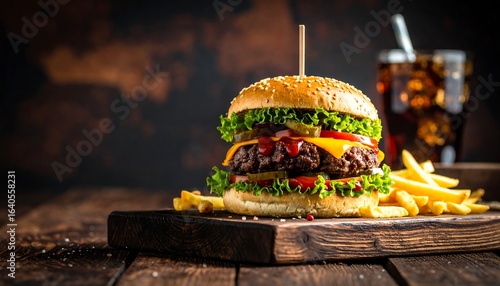 A delicious hamburger, complete with fries and a cola, on a wooden board,Perfectly styled hamburger with cola and fries, displayed on a rustic cutting board