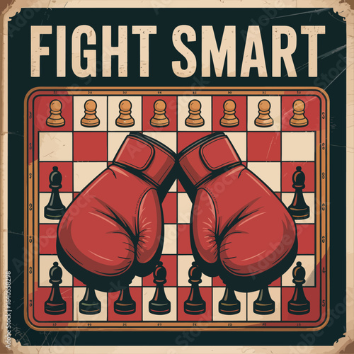 Two red boxing gloves facing each other on a chessboard with the words fight smart above representing strategy and competition in a boxing match