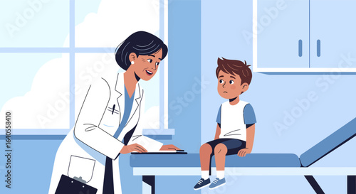 Pediatrician Comforting a Young Patient in a Medical Examination Room.