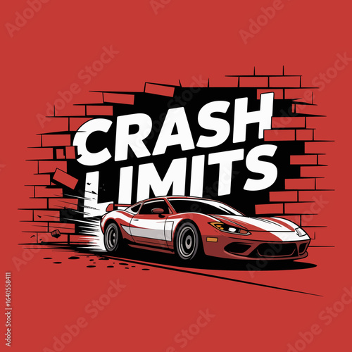 Dynamic illustration of a sleek sports car crashing through a brick wall with the words crash limits emblazoned across the debris symbolizing speed and destruction