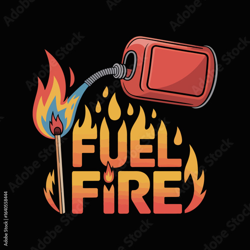 A lit match ignites a stream of liquid from a red jerrycan pouring onto a fiery text graphic that reads fuel fire symbolizing danger ignition and escalation