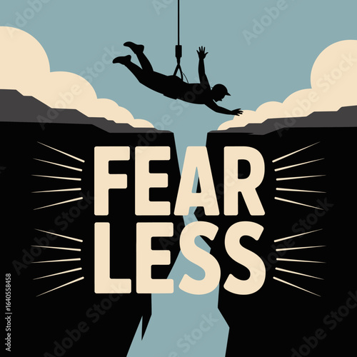 Fearless individual rappels across a deep chasm with the word fearless prominently displayed symbolizing courage and overcoming challenges