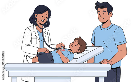 Pediatrician Examining Childs Chest with Father Present in Medical Setting.