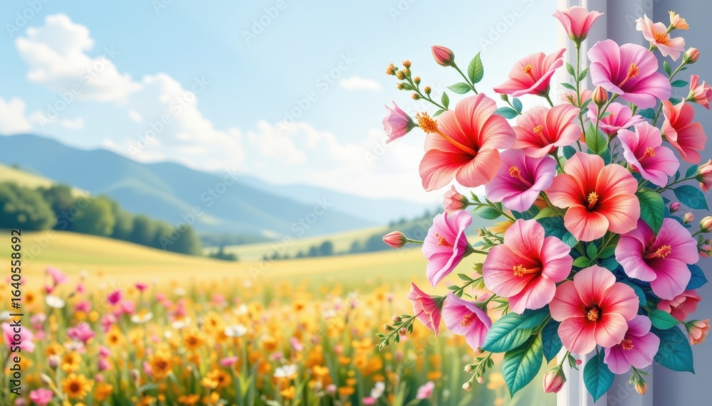 Obraz premium A whimsical birthday or holiday card design that captures the essence of joy and celebration, The position features a dreamy landscape, viewed from a Dutch angle