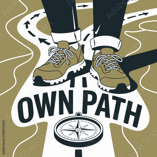 Feet standing on a compass and road sign saying own path symbolizing decision making and future journey ahead vector