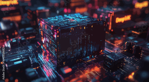 A computer chip is lit up with red and blue lights. The image is of a computer chip with a red and blue light on it