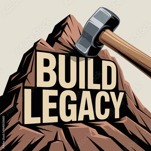 Hammer striking carved text build legacy on mountainous textured surface representing achievement perseverance and lasting impact for businesses and individuals vector