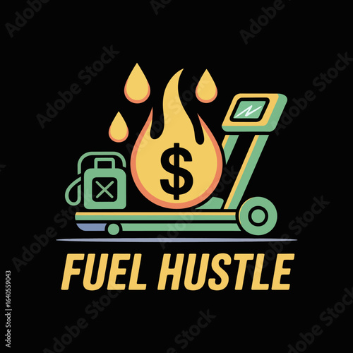 Fuel hustle concept gas tank treadmill and dollar sign flame symbolizing drive and financial ambition vector