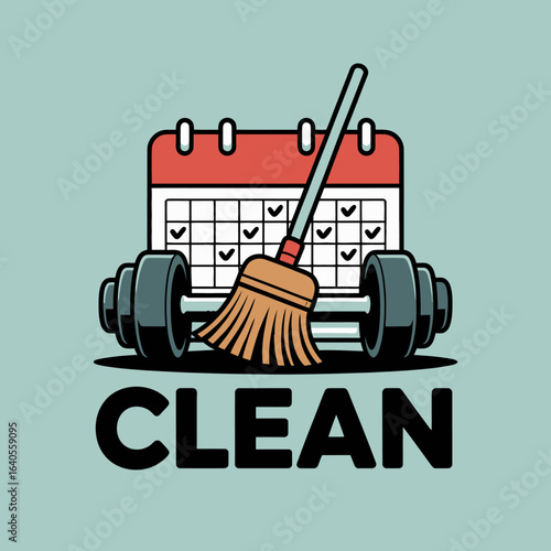 Fitness routine and cleanliness concept art with dumbbells calendar and broom representing disciplined health habits and tidiness vector