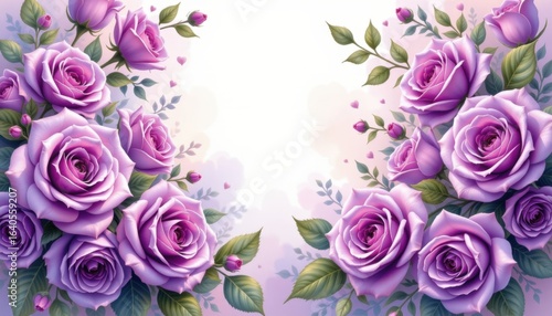A scene where a lush arrangement of elegant purple roses forms a delicate frame, their velvety petals glistening with morning dew, Each rose, a rich hue of lavender and deep violet