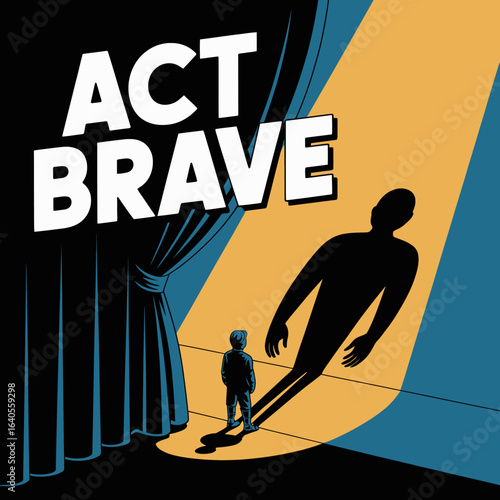 Embrace your courage act brave spotlight stage curtains opening revealing a giant shadow of a person and a small figure confronting fear and opportunity vector