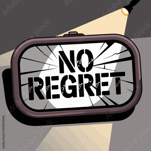 Broken glass display shows 'no regret' message inspiring positivity and forward momentum through adversity vector