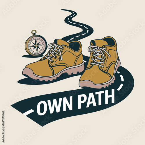 Hiking boots and compass on a winding road symbolizing personal journey choice and exploration adventure inspiration career path business success vector