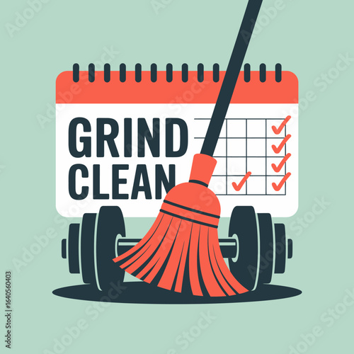 Fitness routine calendar with dumbbells and broom symbolizing discipline and cleanliness for health and exercise goals vector