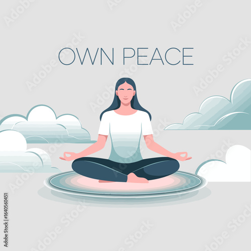 Serene woman meditating in lotus pose finding inner peace amidst clouds achieving mindfulness and tranquility for wellness and self-care vector