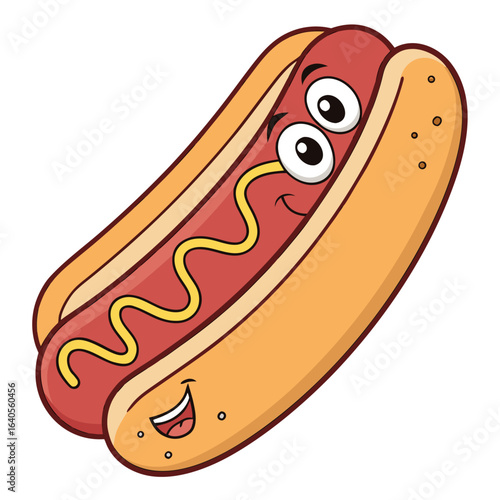 Funny cartoon hot dog with mustard and eyes vector illustration