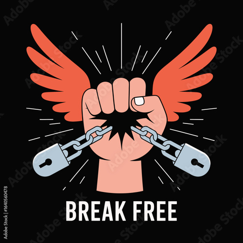 Powerful fist breaking chains with flaming wings symbolizing freedom and liberation against a vector