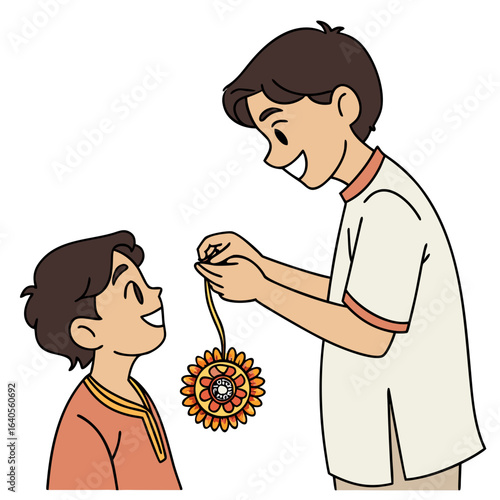 Brother tying rakhi on his younger brothers wrist isolated on white background
