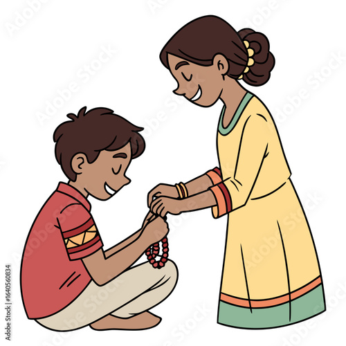 Sister tying rakhi on her brothers wrist on raksha bandhan isolated on white background
